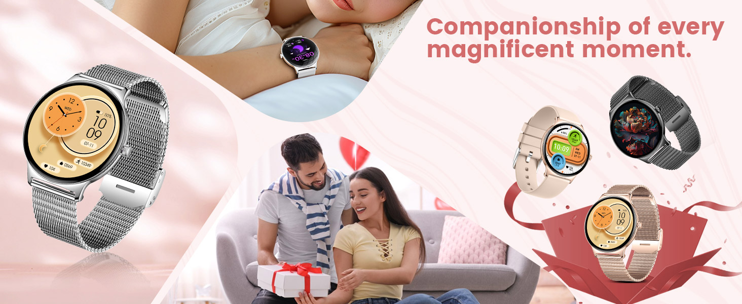 Smartwatches with round faces and mesh bands. Central image shows couple on couch with gift. Text reads 'Companionship of every magnificent moment.' Various watch faces display health metrics and colorful designs.