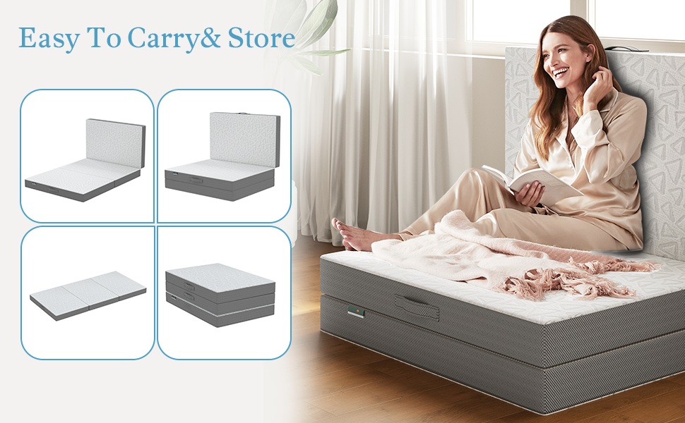 Foldable Mattress Twin, PurrJoys 4 Inch TriFolding Memory Foam Mattress with Carry Handle