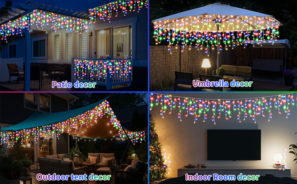 Solar Icicle Lights Switch Warm / Colorful 12+5M/56Ft 506 LEDs