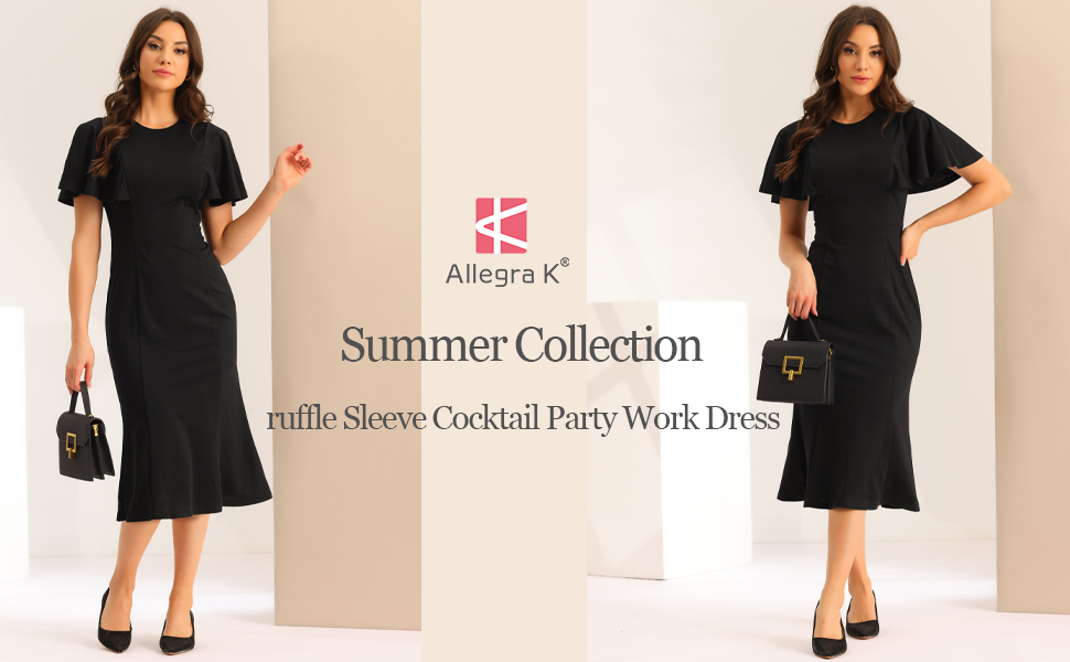 Allegra K Sheath Dress for Women's Ruffle Sleeve Round Neck