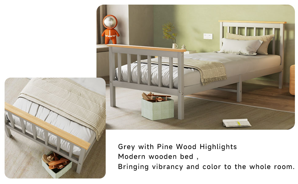 FRIDEKO HOME Single Bed Wooden Frame, Grey with Pine Wood Highlights