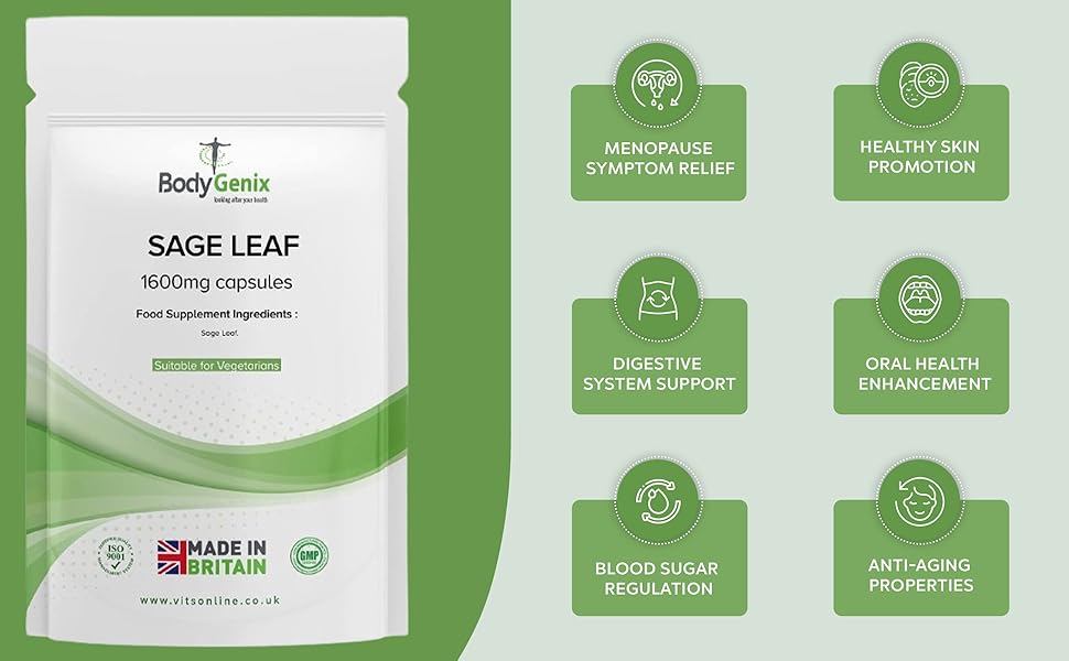 Bodygenix Sage Leaf Capsules 1600mg Menopause Symptoms Hot Flushes