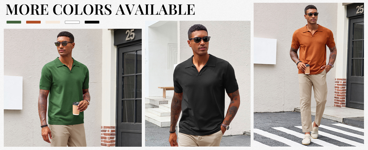 Men's V Neck Polo Shirts Short Sleeve Muscle Gym Knitted Golf Shirts Casual Slim Fit Tops