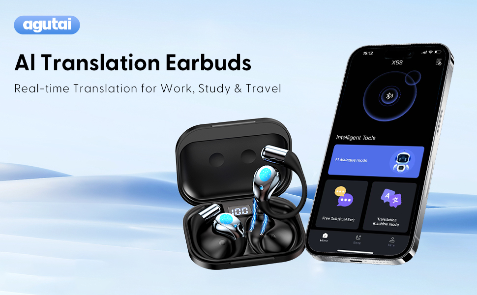 Text reads 'AI Translation Earbuds'. Product showcase of wireless earbuds in black with charging case, featuring interface screens showing translation functionality.