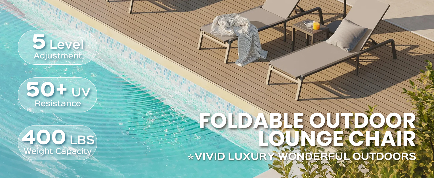 Pool Lounge Chairs, 5 Level Adjustment, 50+ UV Resistance, Weight Capacity 400 LBS 