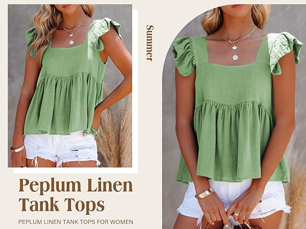 Peplum Linen Tank Tops for Women Summer Ruffle Square Neck