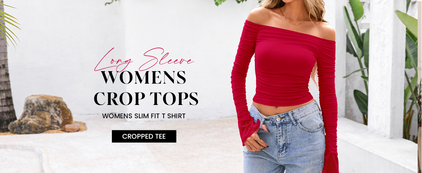 PRETTYGARDEN Womens off the Shoulder T Shirt Slim Fit Long Sleeve Crop Top