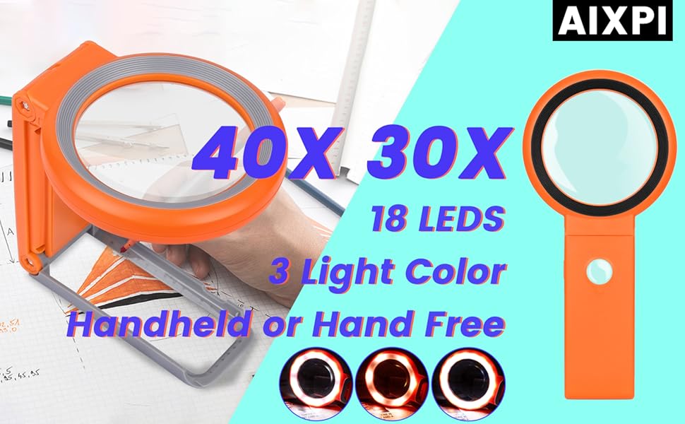 30X 40X Magnifying Glass with Light and Stand, Large Lighted Magnifying Glass 18 LED Illuminated