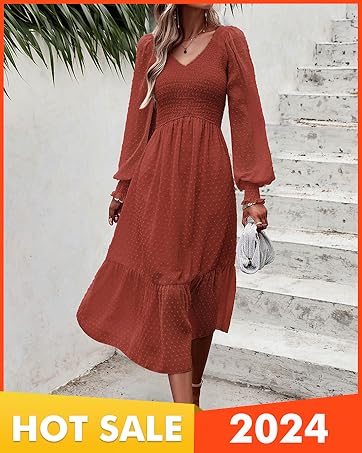 Fall Dresses 2023 Long Sleeve V Neck Swiss Dot Empire Waist Chiffon Dress Ruffle Smocked Midi Dress