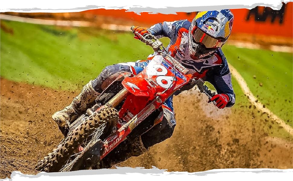 The young man is off-road motorcycling.