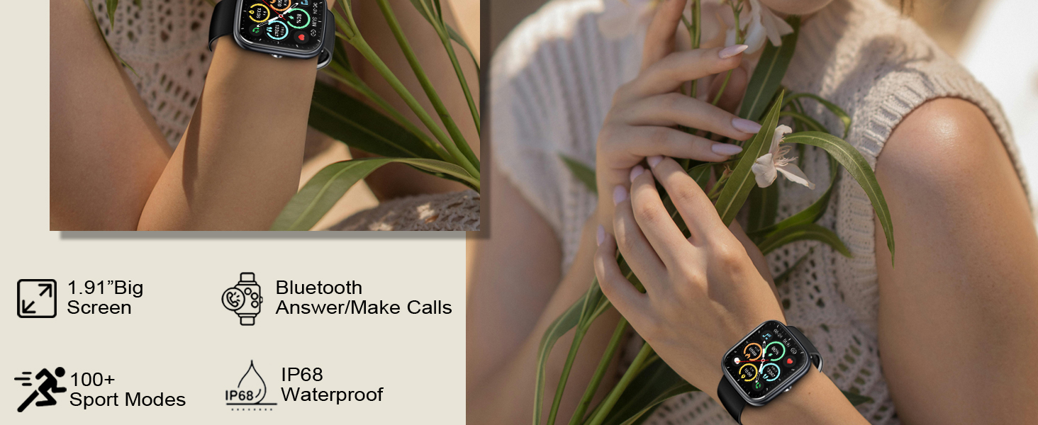 Smartwatch with square display shown on wrist. Features 1.91