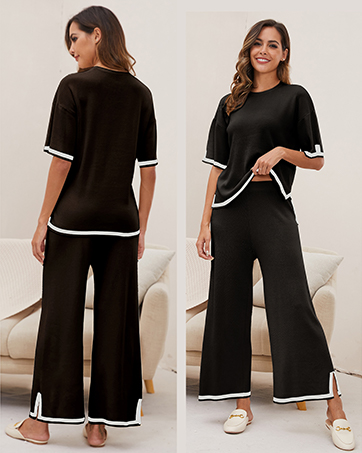 Amazon.com: Wyeysyt Conjunto de suéter de 2 piezas para mujer, conjuntos de descanso de punto de manga corta, sin botones, pantalones de pierna ancha, pantalones deportivos con cintura elástica (negro, M), Negro :