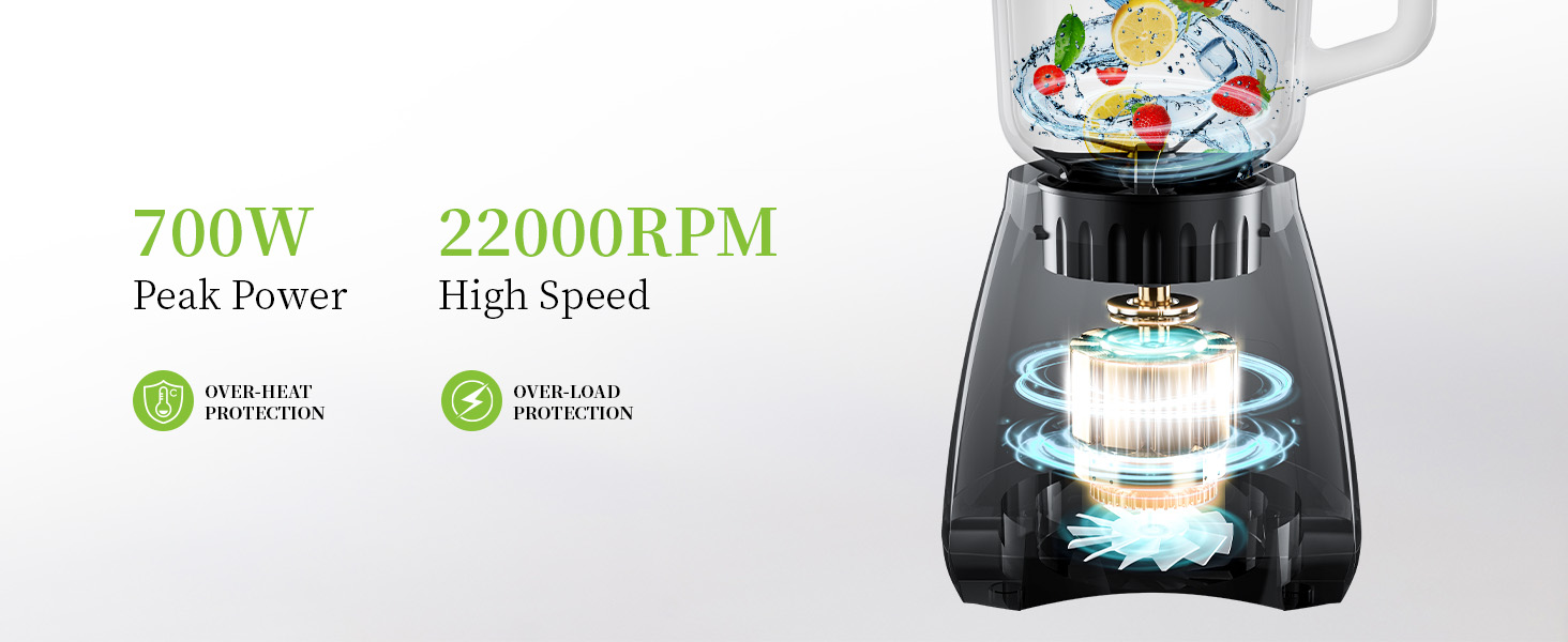 High-speed blender with 700W peak power and 22000RPM. Features clear container with fruit graphics, black base, and illuminated blade area. Showcases overheating protection and safe operation features.