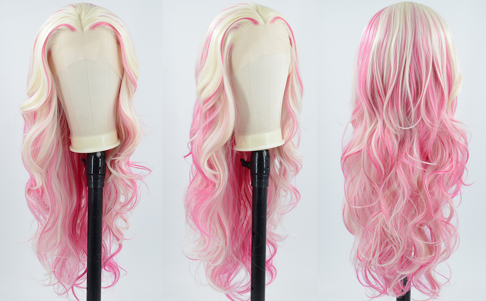 Amazon.com : ZHYWIGS Long Wavy Hot Pink White Lace Front Wig
