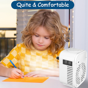 A compact white portable air conditioning unit is shown next to a person working at a desk and covered with the text 