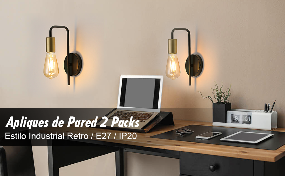 Apliques De Pared 2 Packs, Lámpara De Pared Industria Vintage, Lámpara De Hierro Retro Negro Para Interior Pasillos Sótanos Bares, IP20, E27, Max 40W, Sin Bombilla 12 Apliques de Pared