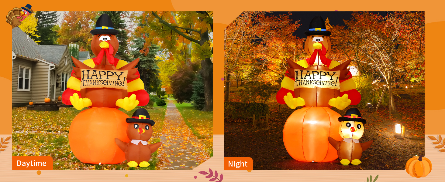 6 FT Height Thanksgiving Inflatables Turkey on Pumpkin & Little Turkey