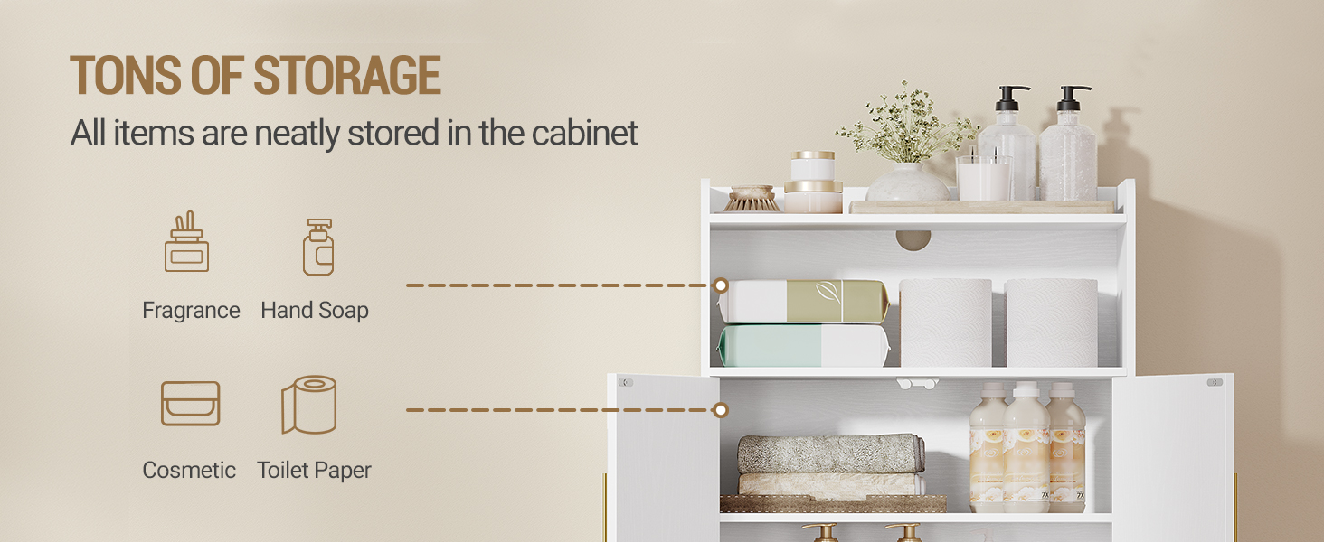 Weißer Badezimmerschrank mit Regalen mit Aufbewahrungsbehältern, die für Duft, Handseife, Kosmetik und Toilettenpapier gekennzeichnet sind.