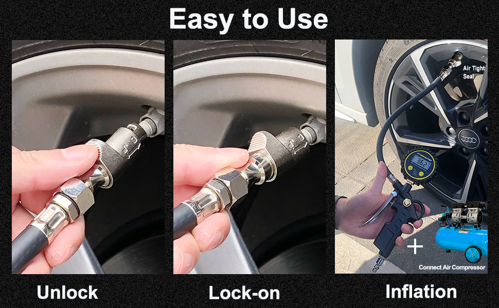 GODESON Lock On Air Chuck,1/4 FNPT Small Bore Brass Tire