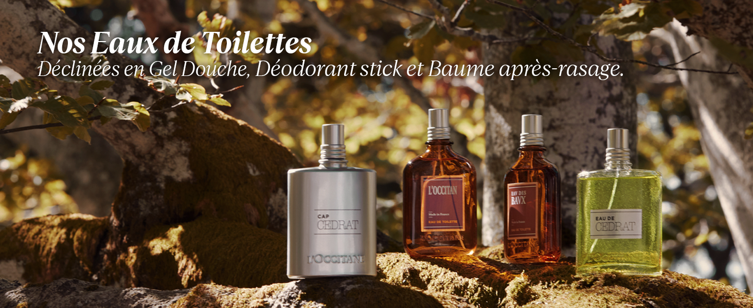 Nos Eaux de Toilettes Déclinées en Gel Douche, Déodorant stick et Baume après-rasage.