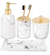 Haturi Glass Bathroom Accessories Set – 4-Piece Marble-Style White and Gold Bathroom Set with Soa...