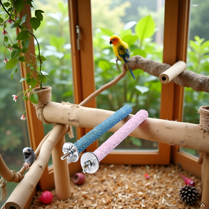 A wooden perch stand for the product resting on a natural wooden surface.