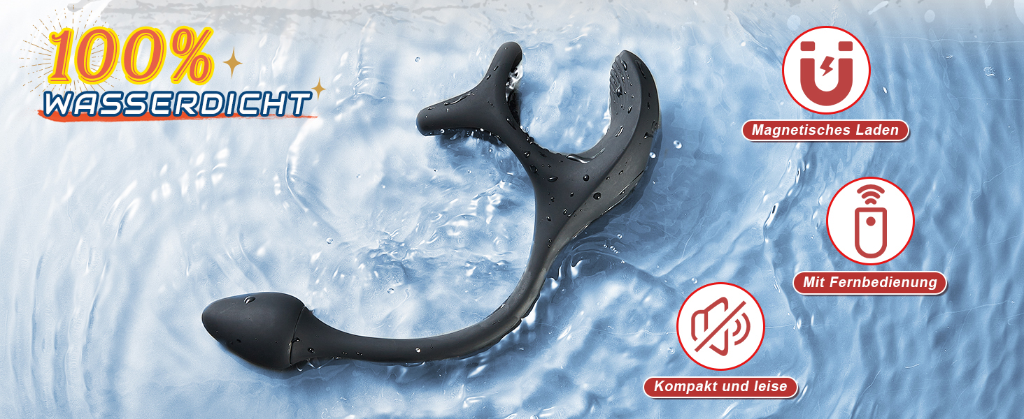 Schwarzes, wasserdichtes Gerät vor blauem Eishintergrund mit Symbolen für Produktspezifikationen, die auf die Wasserdichtigkeit hinweisen.