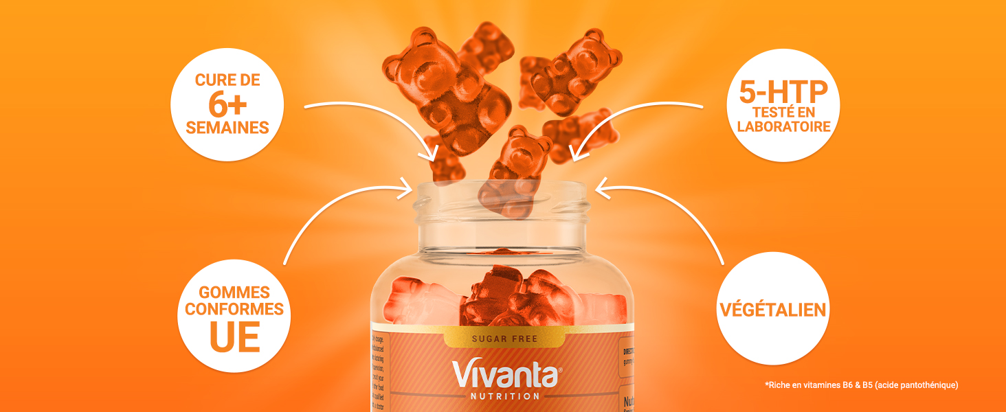 Flacon transparent de supplément Vivanta avec des oursons en gélatine orange flottant au-dessus. Comprend des badges circulaires indiquant les certifications « 6+ semaines », « 5-HTP », « UE » et « végétalien ».
