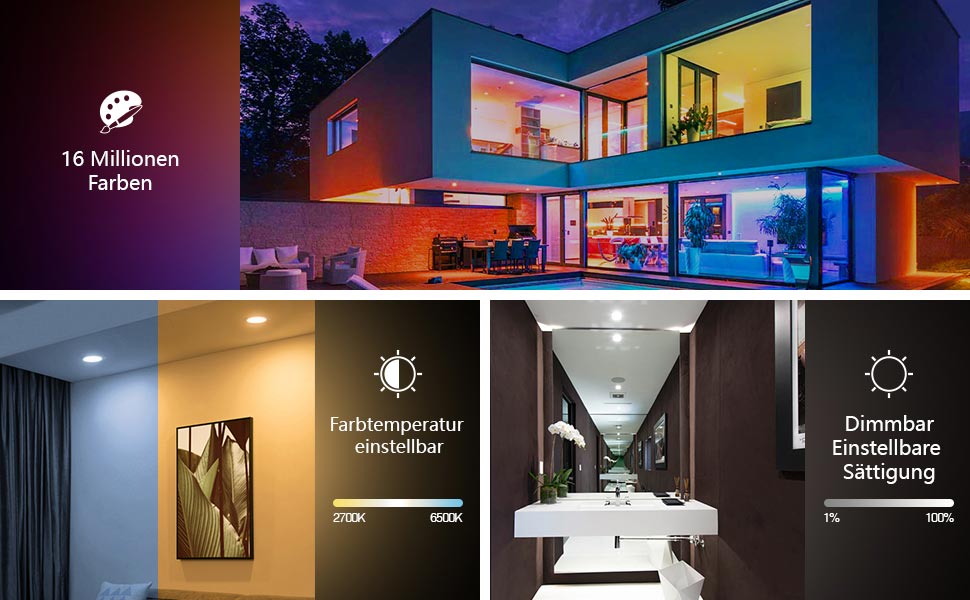 Der Text lautet „Bild 7“. Serie von Innenarchitekturfotografien, die moderne Gebäuderäume mit bunter LED-Beleuchtung und zeitgenössischen Designelementen zeigen.