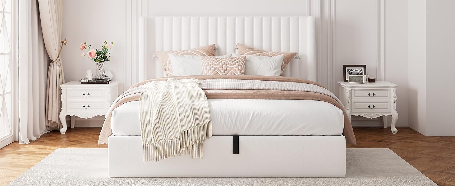 queen size lift up storage bed frame with fluted wingback heardboard white