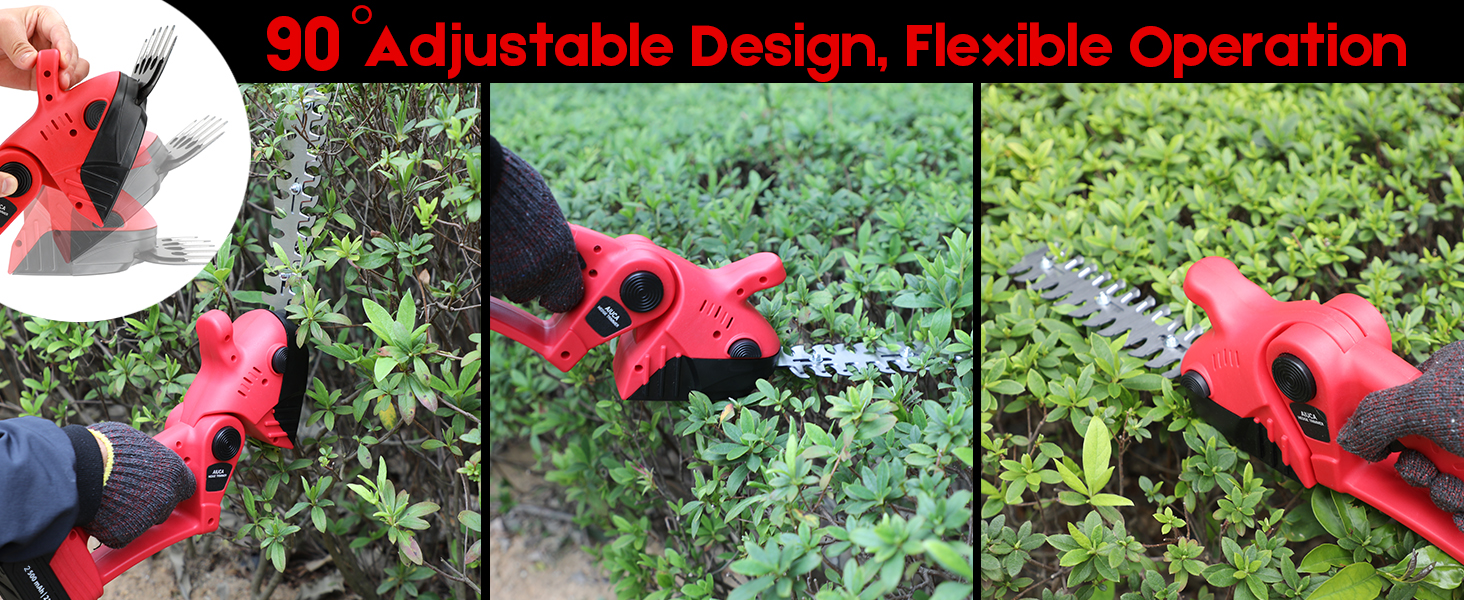 Red electric pruning shears shown in three panels: close-up of adjustable cutting head, trimming branches, and in use on foliage. Text highlights 90° adjustable design and flexible operation.