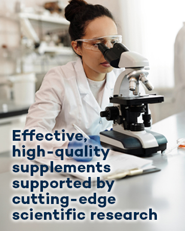 Scientist using microscope in lab. Text overlay: 'Effective, high-quality supplements supported by cutting-edge scientific research'.