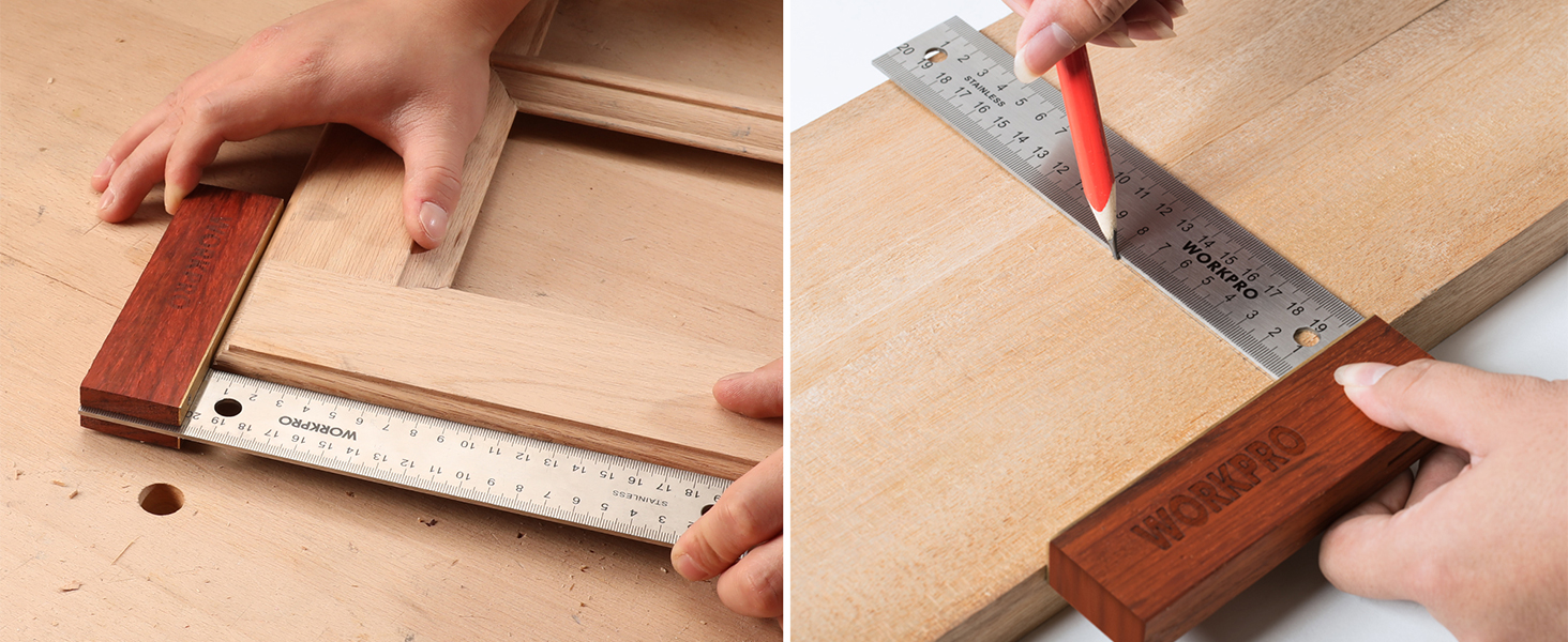 WORKPRO Jeu De 2 Equerres De Menuisier, Equerre 200 Mm Et Fausse Equerre 230 Mm Avec Lame En Acier Inoxydable Et Manche En Bois Rouge Idéal Pour Menuisier, Charpentier Et Travail Du Bois 20 Application large
