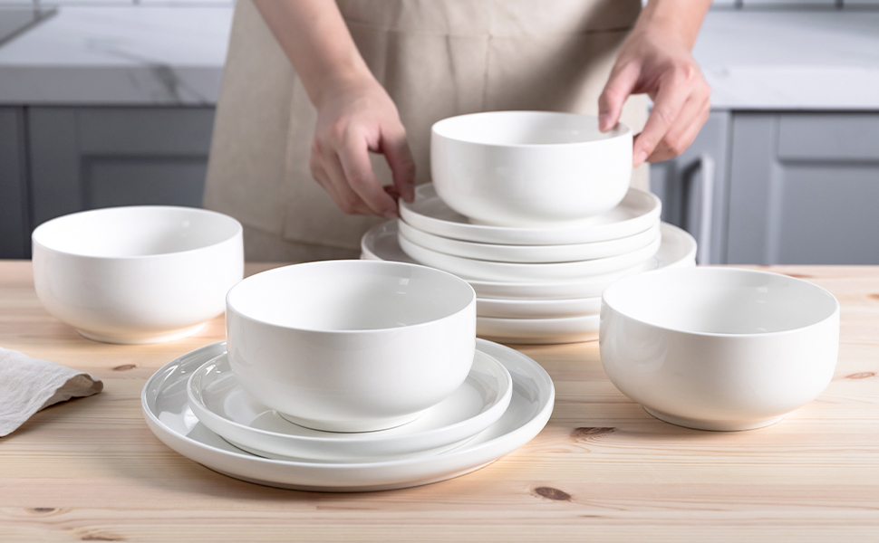 Kanwone Porcelain Dinnerware Sets for 4, Round Plates and