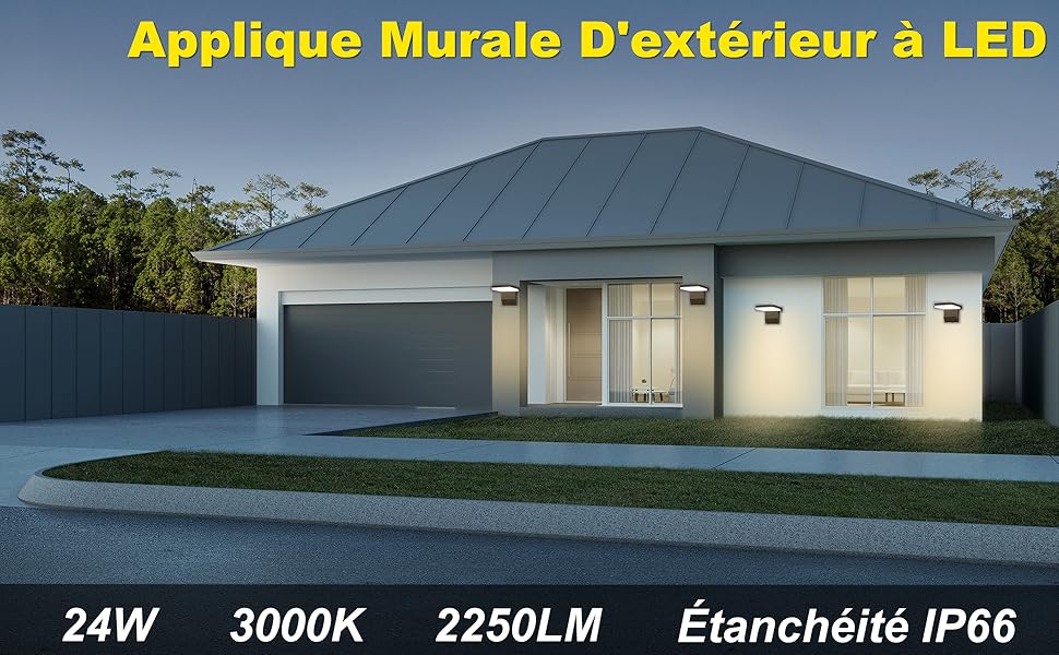 avec spécifications : puissance 24 W, température de couleur 3000 K, luminosité de 2250 LM et indice d'étanchéité IP66