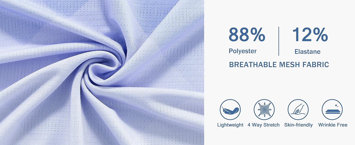 Close-up of light blue breathable mesh fabric, composed of 88% polyester and 12% elastane. Fabric features include lightweight, 4-way stretch, skin-friendly, and wrinkle-free properties.