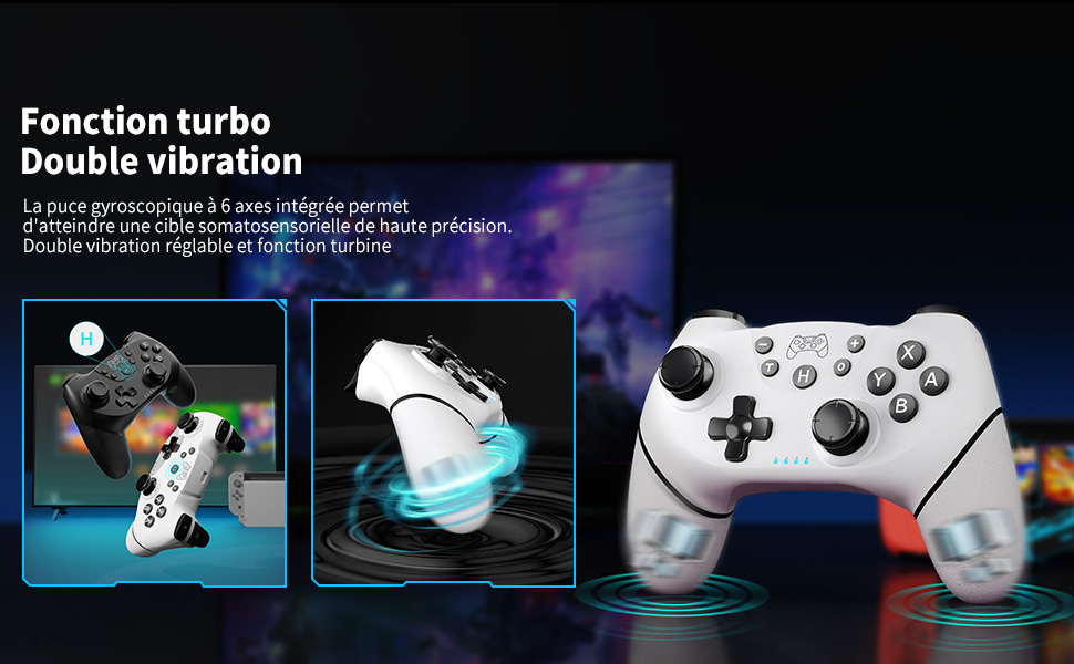 présentant les fonctions turbo et double vibration via des panneaux d'action séquentiels illustrés avec des effets de lueur bleue