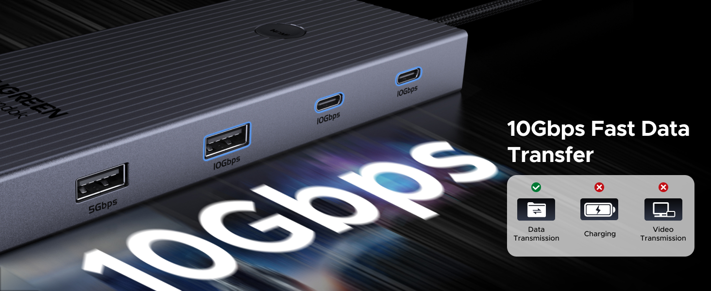 Dark gray USB hub or docking station with multiple ports, featuring 10Gbps data transfer speed capability displayed in white text.