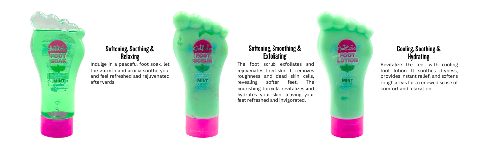 Foot soak, scrub and lotion for softer, exfoliated, soothe, and hydrated feet.