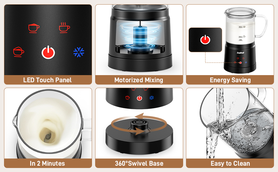 Dallfoll Milk Frother and Steamer，4in1 Electric Milk Steamer, Automatic Hot and Cold Foam