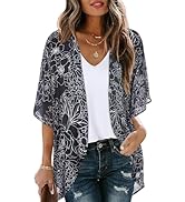 Women's Floral Print Puff Sleeve Kimono Cardigan Loose Cover Up Casual Blouse Tops