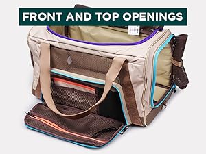 Soft pet carrier with front and top mesh openings for cats and small dogs, airline travel approved.