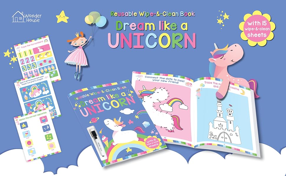 Dream Like A Unicorn - Reusable Wipe And Clean Activity Book: With 15 Wipe And Clean Sheets