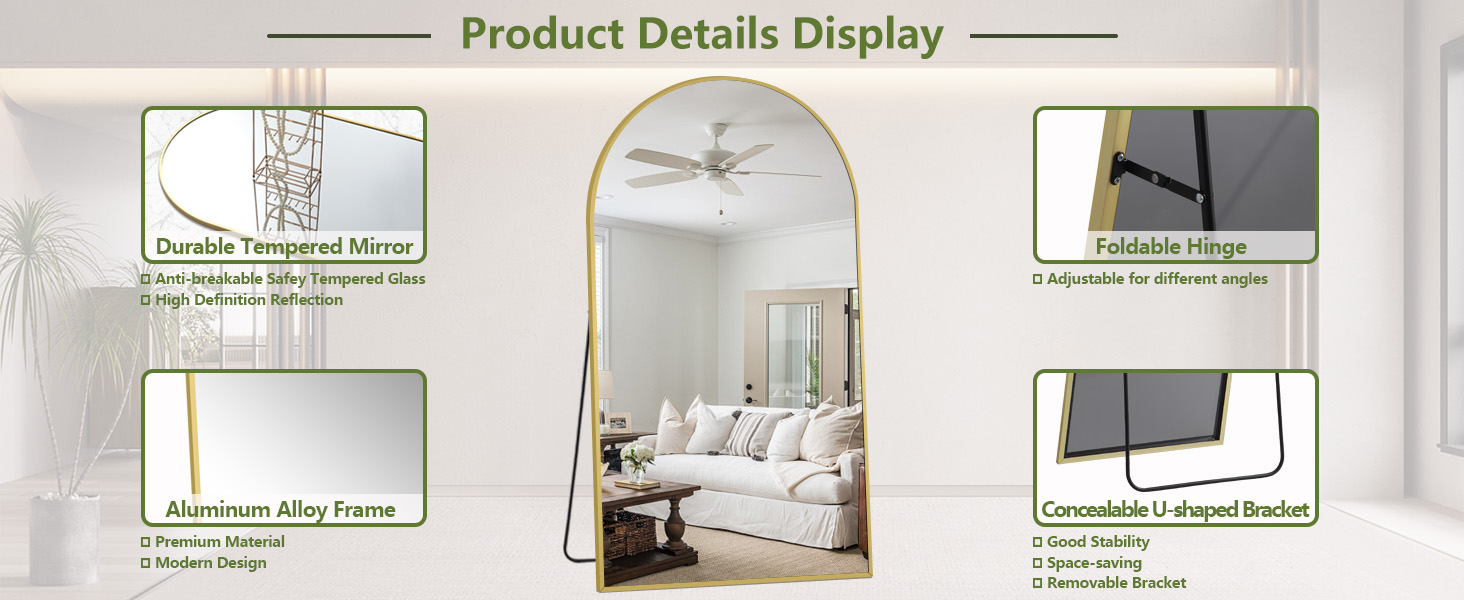 MELOMOIR Oversized Floor Mirror Freestanding Gold Arched Mirror