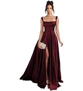 TORYEMY Satin Square Neck Prom Dress with Slit Long Ball Gown A Line Formal Evening Dresses for W...