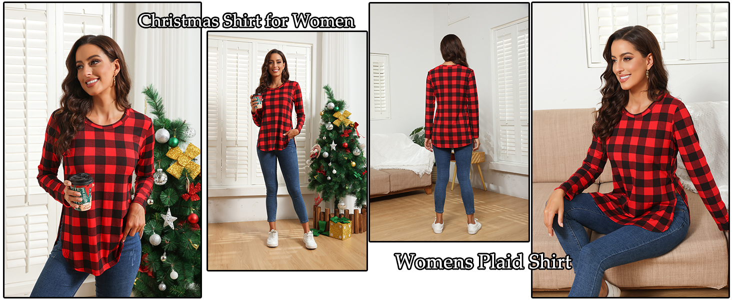 BUENOS NINOS Buffalo Plaid Shirts for Women Long Sleeve Chirstmas Tunic Tops Tees Tshirt