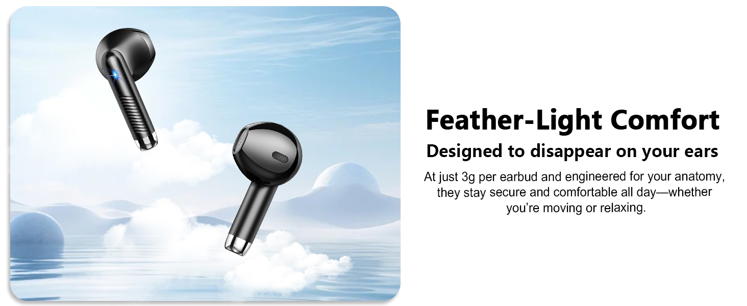 Text reads 'Feather-Light Comfort'. Product photos showing wireless earbuds with charging case from multiple angles.