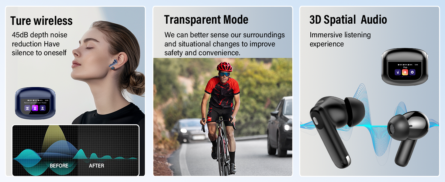 Composite advertising image showing wireless earbuds features: true wireless connectivity, transparent mode for ambient awareness, and 3D spatial audio with immersive listening.