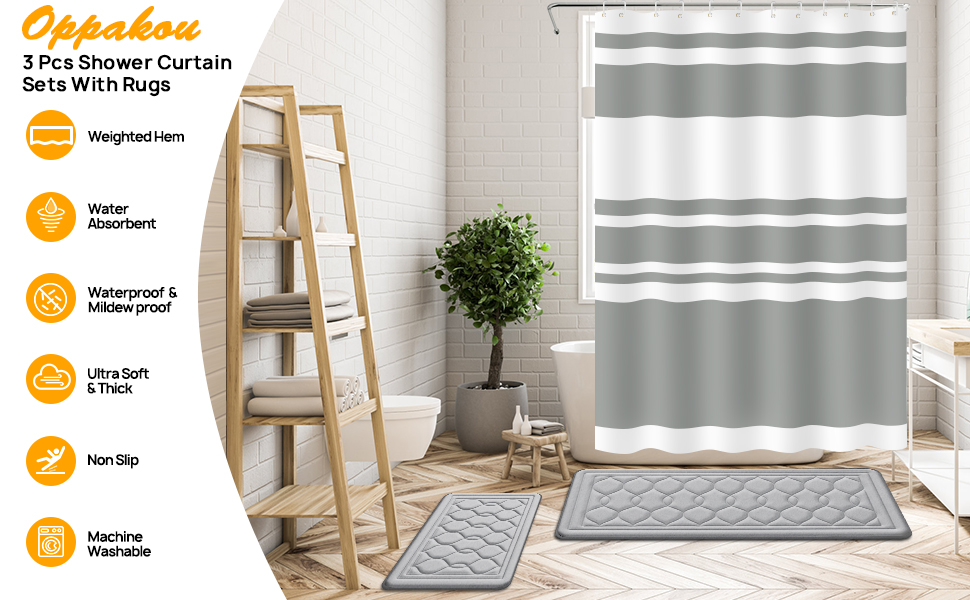 3 Pcs Bathroom Sets with Shower Curtain and Rugs, Grey and