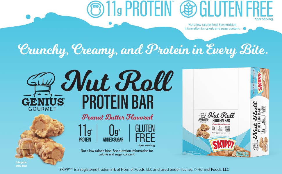 genius gourmet SKIPPY inspired protein bar​ peanut butter protein bar low carb snack keto friendly
